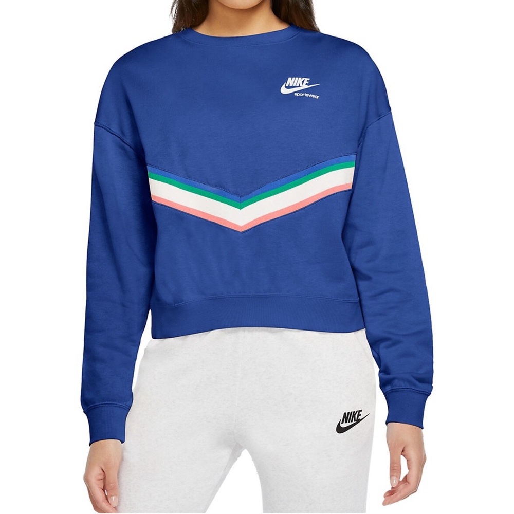 NIKE Sportswear Heritage Blue Fleece Crew Sweatshirt Crewneck Cotton Cropped L